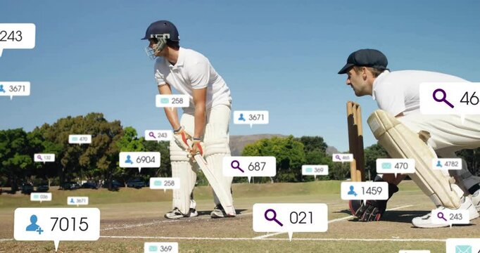 After data UI appearing batsman playing shot while wicketkeeper tracking ball in sports tech