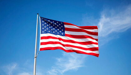 Fototapeta premium American Flag in the Sky: A vibrant American flag gracefully waves against a vivid blue sky dotted with fluffy clouds, evoking feelings of patriotism and national pride.