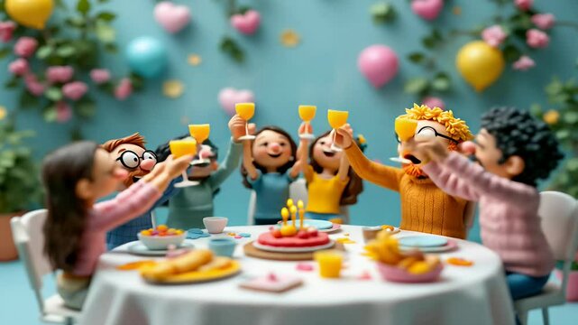 Animated Puppets Celebrating Birthday Party with Cake and Balloons in Bright Decor