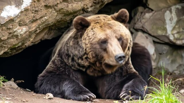 Brown bear resting in a cave