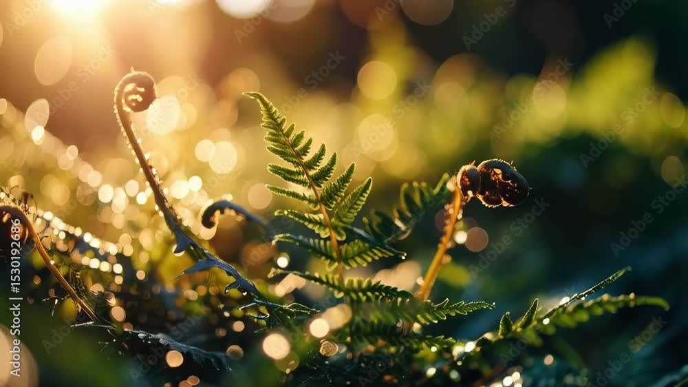 Poster close up of unfurling fern fronds with water droplets illuminated by soft sunlight creating lens fla