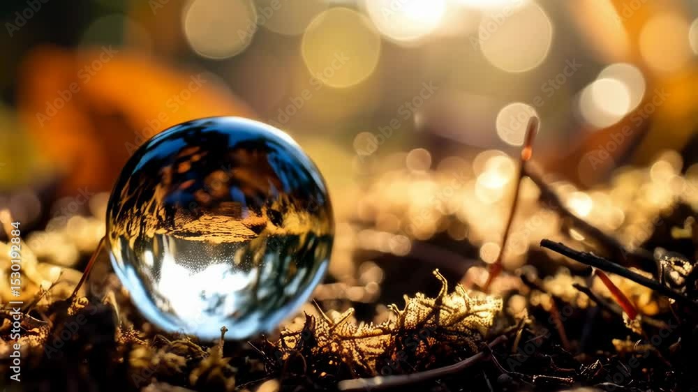 Poster close-up capturing a crystal ball reflecting trees and sky surrounded by autumnal leaves and branche