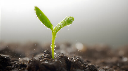 Young seedling sprouting from soil with water droplets, symbolizing growth and renewal