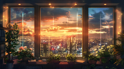 city night, city light, city sunset over the window