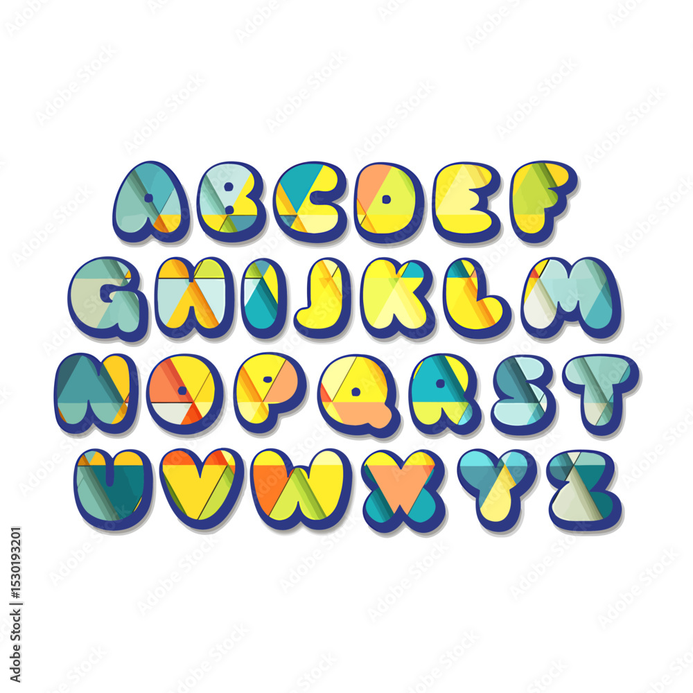 Poster playful bubble font a complete alphabet with geometric color patterns