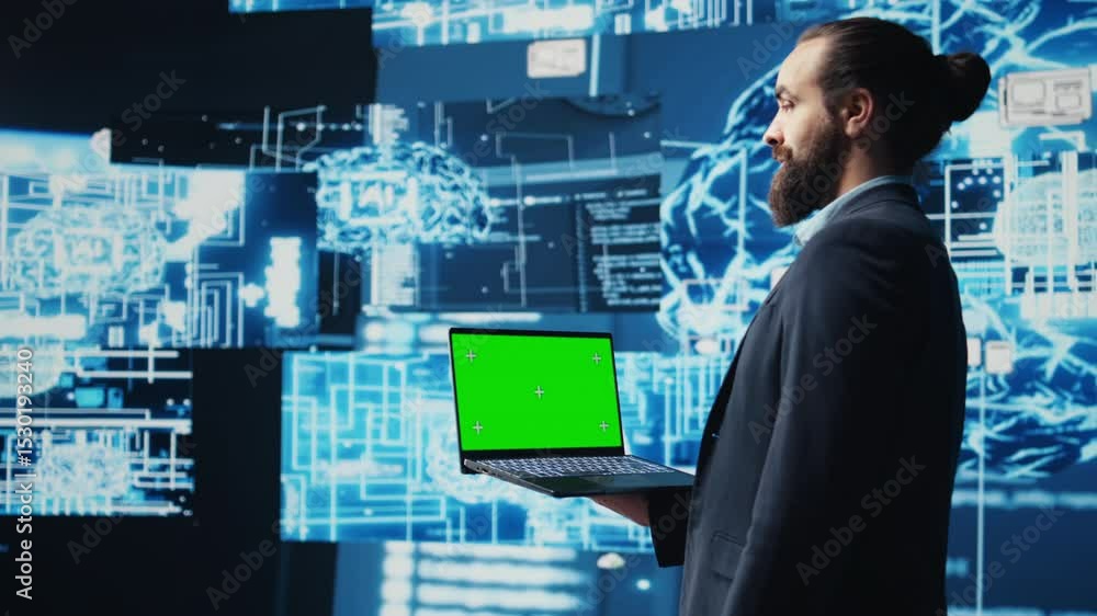 Poster business ai expert holding green screen on device next to brain animation, ensures implementing neur
