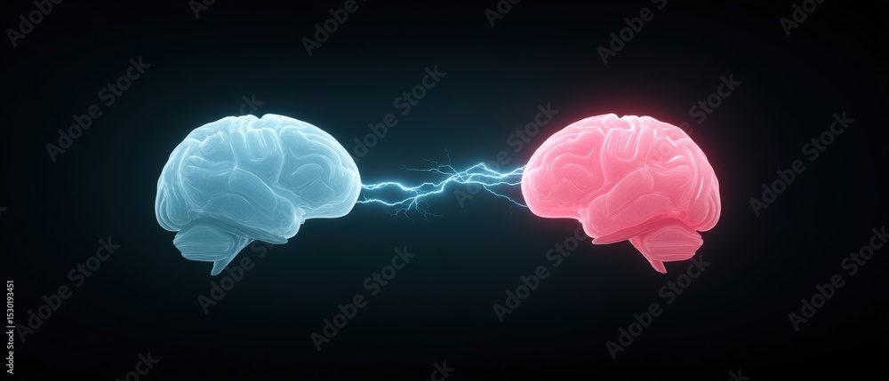 Poster cognitive connection blue and red brain lightning interaction digital space 3d render futuristic con