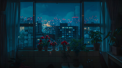 city night, city light, city sunset over the window