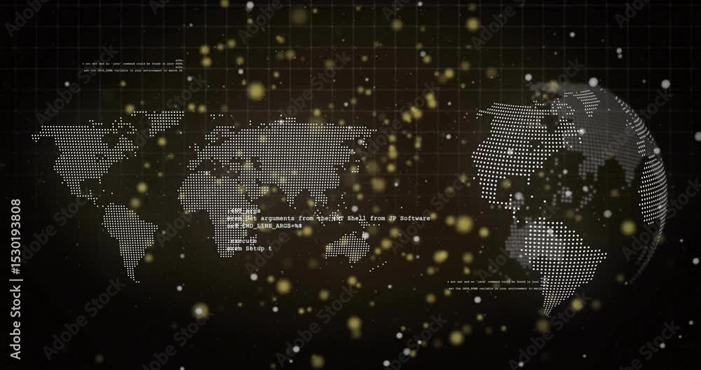 Poster opening dark grid dotted map emerging globe spinning sparks drifting code shifting showing prompts