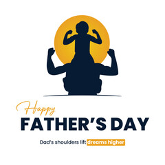 Illustration of happy international father's day poster design concept, son sitting on his dad shoulders on a white background, also use for card, poster, website, brochure.