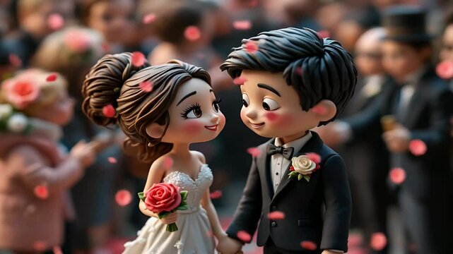 Cartoon Couple Dancing at Wedding Ceremony with Love and Happiness in Bright Reception Hall