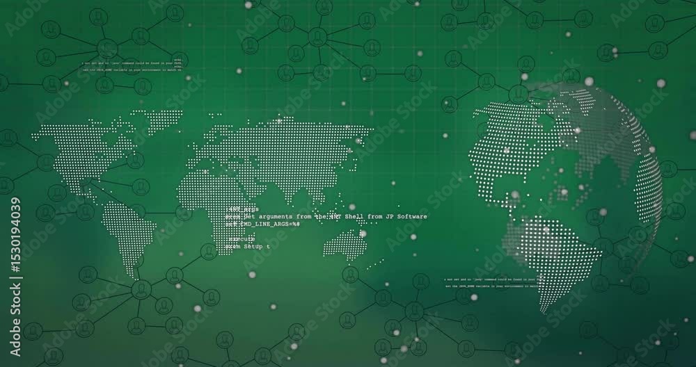 Poster green grid backdrop initiating data flow, map emerging, rotating globe, code fading and shifting