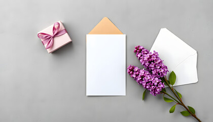 Elegant mockup of a greeting card with a gift box, envelope, and soft lilac blooms on a sleek concrete backdrop, retro style. with white shades