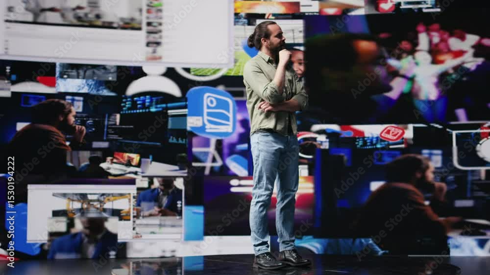 Poster content creator connecting with a global social media audience through mobile technology, using digi