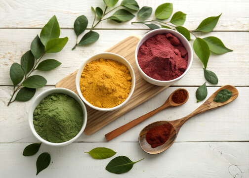 Various colorful culinary spices and herbs like red paprika, turmeric, and chili powder are isolated in wooden bowls on a white background ai generated