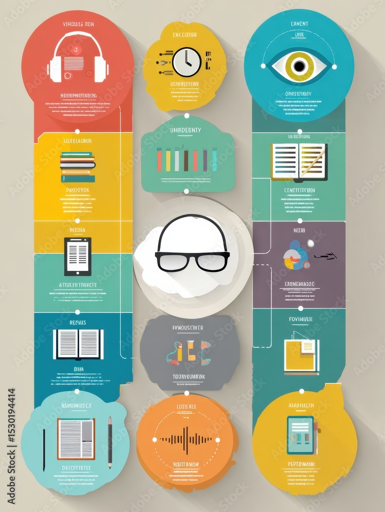 Aufkleber Infographic Analyzing Learning Styles Including Visual, Auditory, and Kinesthetic With Detailed Descriptions and Engaging Icons in a Flat Design Format