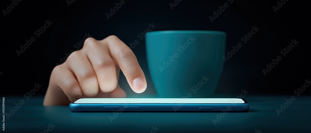 Aufkleber touching innovation on smartphone cozy home setting close-up interaction dark environment intimate v