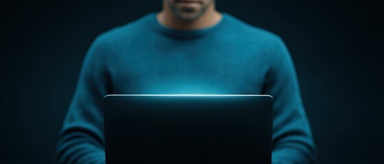 Tech enthusiast engaged with laptop modern workspace digital interaction urban environment close-up view innovation in technology