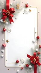 Festive Red Ribbon Christmas Frame Background with Ornaments, Snowflakes, and Evergreen Decorations for Holiday Cards, Invitations, and Seasonal Promotions.
