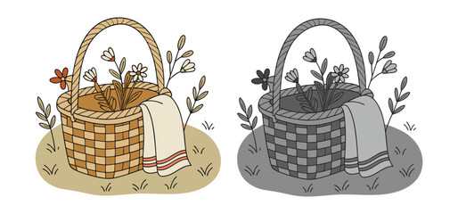 Charming illustration of a picnic basket brimming with flowers and a soft cloth for a delightful outdoor experience.