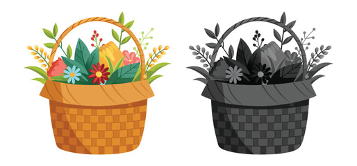 Charming illustration of a woven basket overflowing with vibrant colorful flowers and fresh green foliage with a grayscale version
