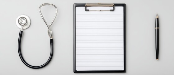 Medical consultation tools clinic desk image of stethoscope and clipboard minimalist setup top view healthcare essentials
