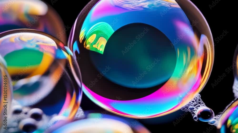 Aufkleber close-up of iridescent soap bubbles with swirling colors, creating a mesmerizing abstract design, ma