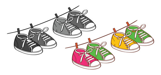 Colorful cartoon sneakers in various colors hanging on a clothesline with white background presenting summer or spring vibes