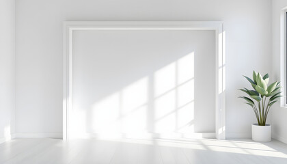 Pure white frame within a minimalist white interior 3D visualization, Backlit. with white shades