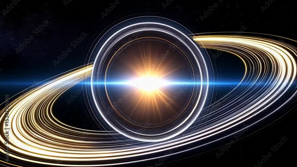 Poster abstract glowing concentric rings form a planetary object within a blue star field in a cosmic backg