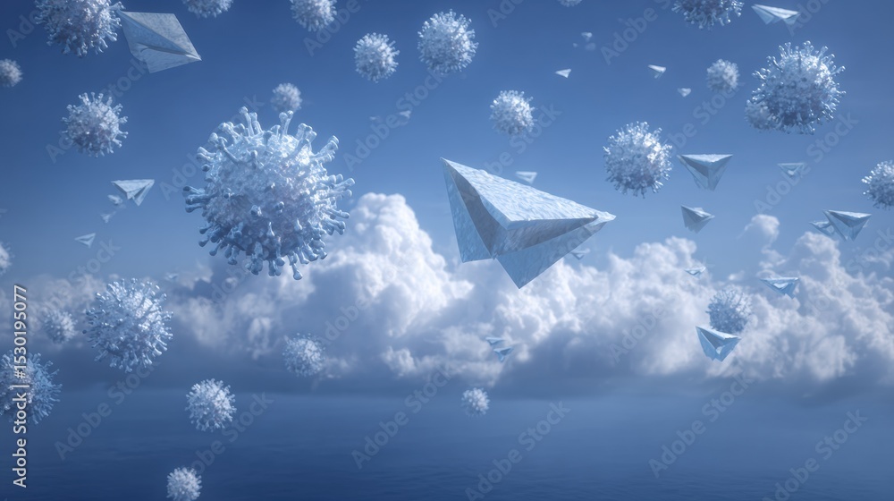 Poster Phishing Email Floats in Cyberspace Surrounded by Malware Clouds and Clear Zone on the Right