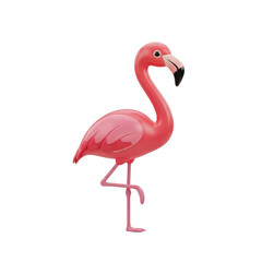 Pink Cartoon Flamingo Standing on One Leg in White Background