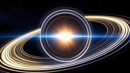 Abstract glowing concentric rings form a planetary object within a blue star field in a cosmic background, suggestive of astrophysics, space travel, and future technology. - Powered by Adobe