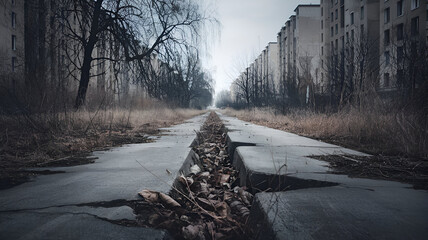 The scene features a desolate concrete pathway, decaying leaves, and sparse grass, contrasting with Soviet-style apartment blocks and a bleak, post-apocalyptic urban atmosphere, emphasizing a low pers