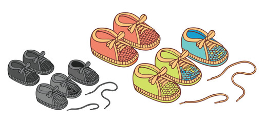 Cute colorful cartoon baby shoes in various styles and colors with laces on a white background