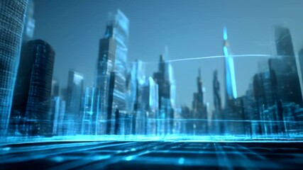Futuristic city skyline with digital overlay - Powered by Adobe