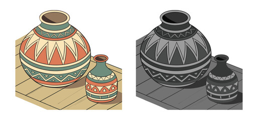 Decorative ceramic vases with intricate patterns showcasing ancient artistry and aesthetic designs presented in both color and grayscale
