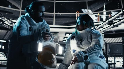 Teamworking cosmonauts chatting, exploring deep space during mankind survival expedition. Astronauts doing human expansion in space mission in spacecraft powered by advanced engineering, camera B