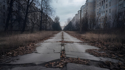The scene features a desolate concrete pathway, decaying leaves, and sparse grass, contrasting with Soviet-style apartment blocks and a bleak, post-apocalyptic urban atmosphere, emphasizing a low pers