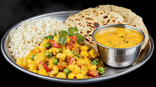 Indian Meal Yellow Dal, Vegetable Curry, Rice, and Roti on a Metal Platter
