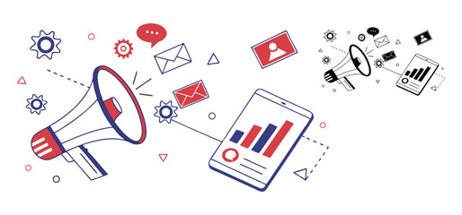 Digital marketing and business communication concept with megaphones mobile phones and messaging elements
