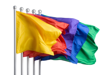 A row of flags with different colors are blowing in the wind