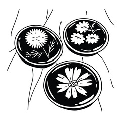 Elegant black and white illustration featuring three decorative flower arrangements in circular dishes for various design purposes.