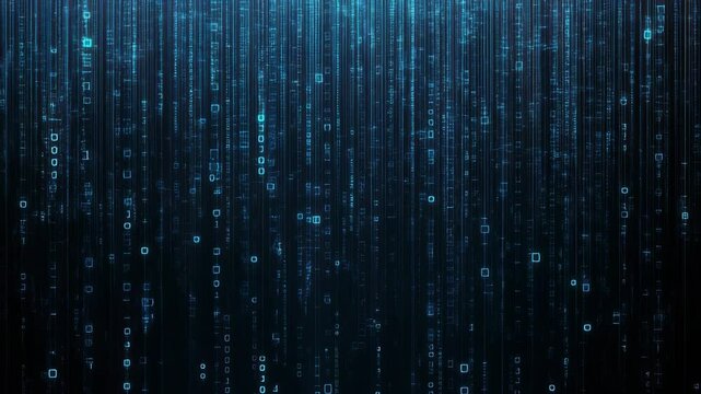 A digital matrix-style video with a top-down camera angle, showcasing cascading blue binary code on a dark background, evoking a tech atmosphere. Live desktop wallpaper.