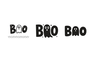 Set of Playful 'Boo' Halloween Text Designs with Cute Cartoon Ghosts - Spooky Holiday Typography