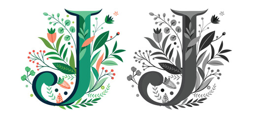 Elegant floral letter j design in vibrant color and grayscale variations, perfect for creative projects