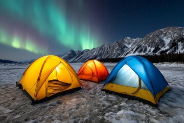 Northern lights over campsite with tents on snowy mountain landscape at night