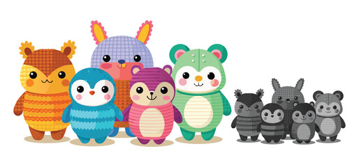 Group of cute cartoon animals smiling cheerfully with adorable features designed in a colorful style