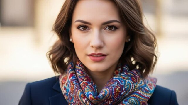 Portrait of a woman with a patterned scarf and a dark blue jacket 4k video