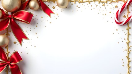 Festive Red Ribbon Christmas Frame Background with Ornaments, Snowflakes, and Evergreen Decorations for Holiday Cards, Invitations, and Seasonal Promotions.
